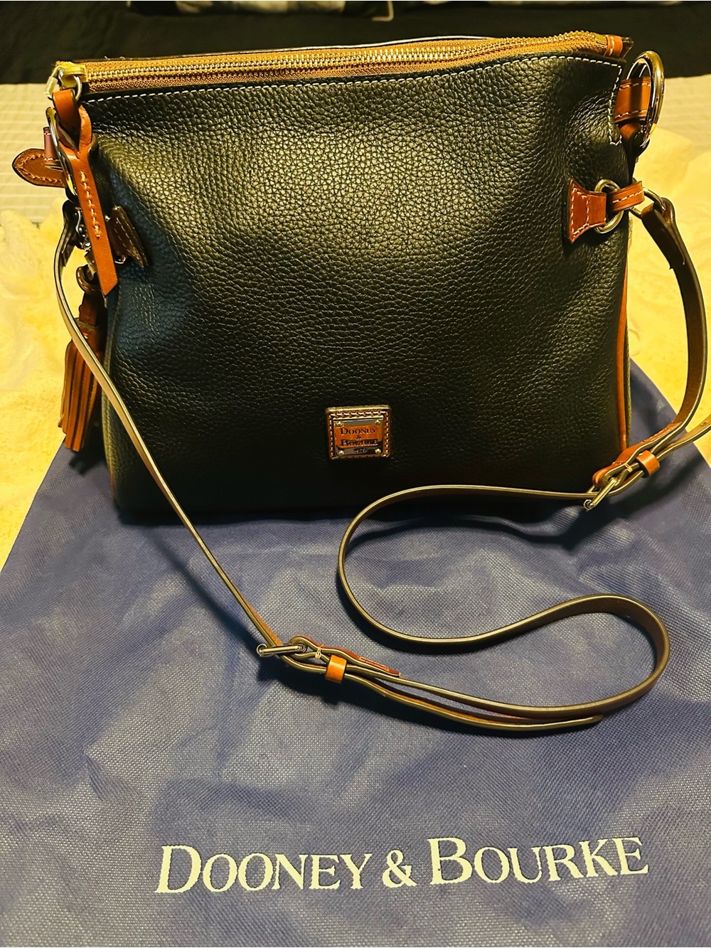 Dooney & Bourke Black Pebbled Leather Crossbody with Tan Trim